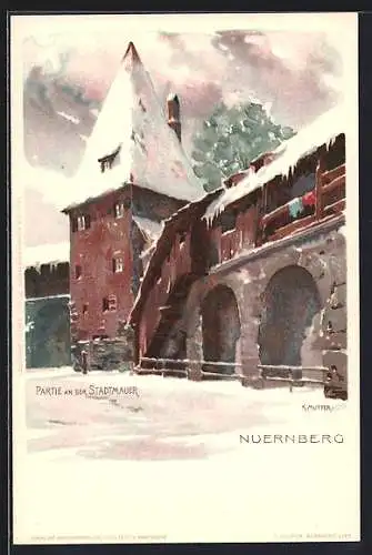 Künstler-Lithographie Karl Mutter: Nürnberg, Partie an der Stadtmauer