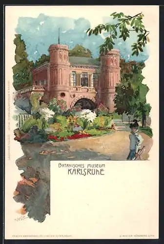 Lithographie Karlsruhe, Partie aus dem Botanischen Garten