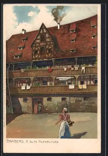 Lithographie Bamberg, Alte Hofhaltung mit Magd