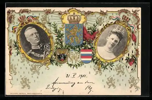 Lithographie Das Königspaar von den Niederlanden und Wappen