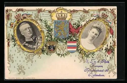 Lithographie Das Königspaar von den Niederlanden und Wappen