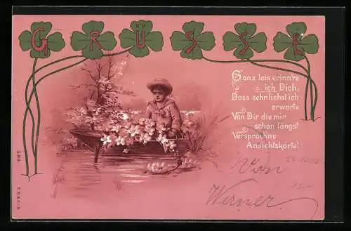 Lithographie Bub in Matrosenkleidern im Boot, Ansichtskartengeschichte, Kleeblätter