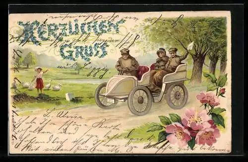 Lithographie Auto mit Chauffeur fährt durch idyllische Landschaft