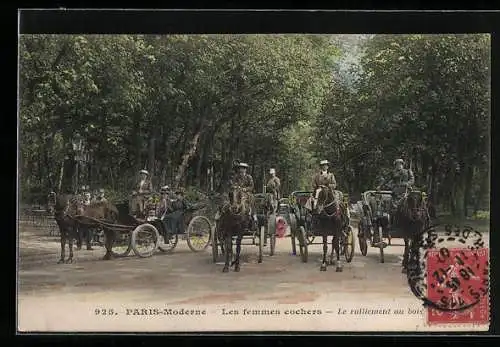 AK Paris, weibliche Kutscher bei der Fahrt durch einen Park, Droschke, Les femmes cochers