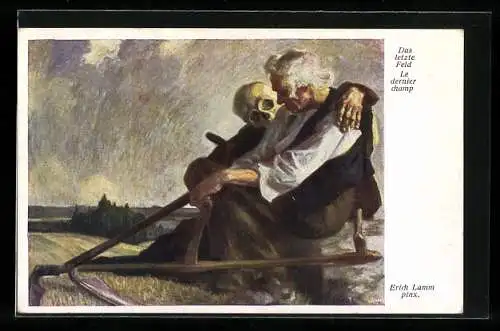 Künstler-AK Erich A. Lamm: Das letzte Feld, Skelett umarmt Mann mit Sense