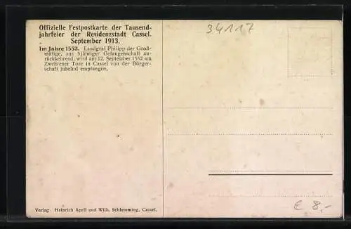 Künstler-AK Kassel, Tausendjahrfeier 1913, Landgraf Philipp der Grossmütige kehrt aus der Gefangenschaft heim 1552