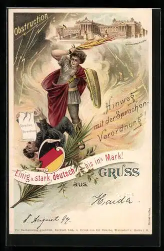 Lithographie Wien, Hinweg mit der Sprachenverordnung, St. Michael, Parlamentsgebäude