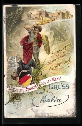 Lithographie Wien, Hinweg mit der Sprachenverordnung, St. Michael, Parlamentsgebäude