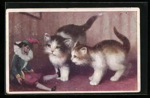 AK Streitlustig, Kätzchen mit Kasperlpuppe