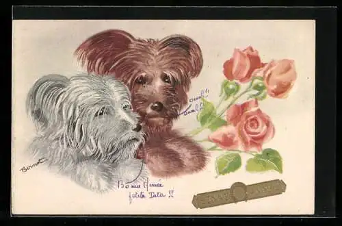 Künstler-AK 2 kleine Hunde mit Rosen