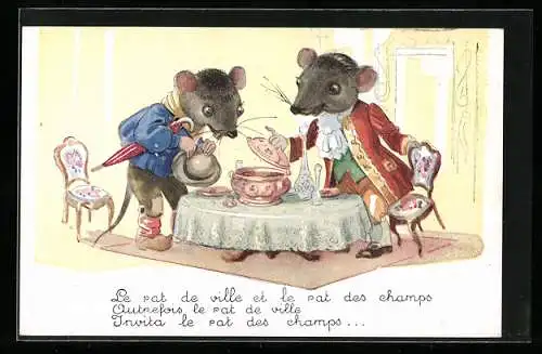 Künstler-AK Mauzan: Le rat de ville et le rat des champs, Land- und Stadtratte am Esstisch