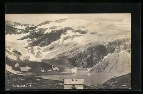 AK Rudolfshütte am Bergsee mit Blick auf die schneebedeckten Gipfel