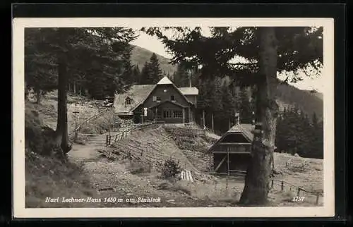 AK Karl Lechner-Haus am Stuhleck, Blick zu den Berghütten vom Weg aus