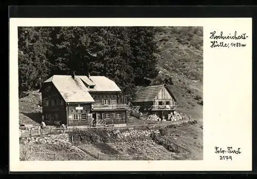 AK Hochreichart-Hütte, Berghütte aus der Vogelschau