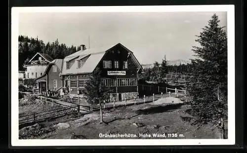 AK Grünbach, die Grünbacher Hütte mit Blick zur Hohen Wand