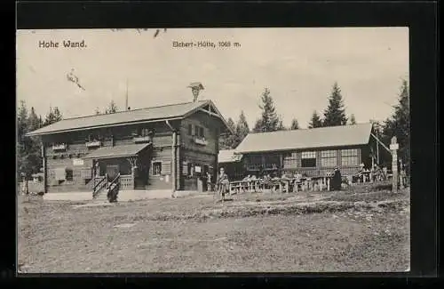 AK Eichert-Hütte an der Hohen Wand, Blick über die Wiese zu den Berghütten, Inh. Wilhelm Eichert