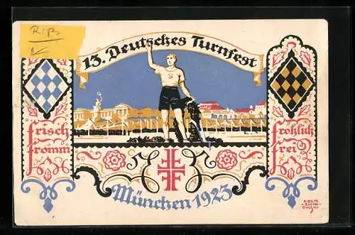 Künstler-AK München, 13. Deutsches Turnfest 1923, Turner mit Siegerkranz, Wappen