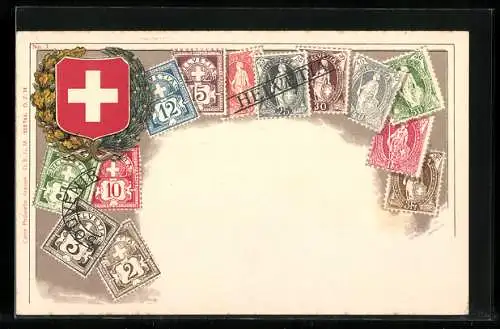 AK Gruppe von Briefmarken und Schweizer Wappen