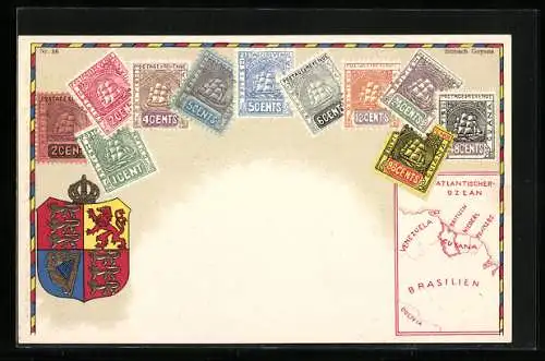 AK British Guyana, Briefmarken des Landes, Wappen und Landkarte Südamerika