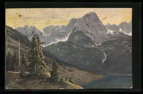 Künstler-AK M. Müller jun.: Rehe an einem Berghang und Raubvögel in der Luft