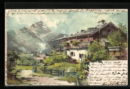 Künstler-AK Theodor Guggenberger: Mittag, Allegorie, Ortspartie in den Alpen