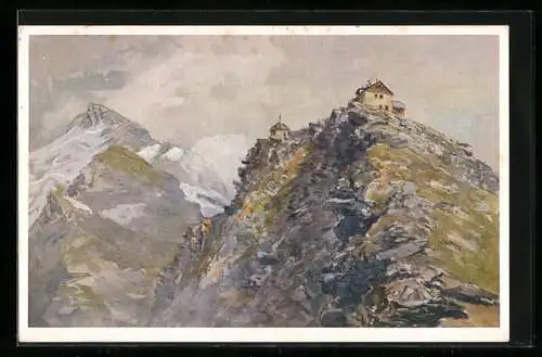 Künstler-AK Hannoverhaus 2719m auf der Arnoldhöhe, gegen den Ankogel