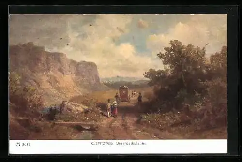 Künstler-AK Carl Spitzweg: Landschaftsbild mit Postkutsche