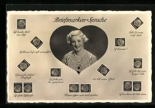 AK Briefmarkensprache & blonde Frau im Herz