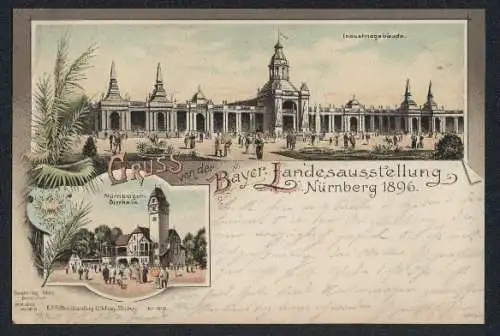 Lithographie Nürnberg, Bayerische Landes-Ausstellung 1896, Gasthof Nürnberger Bierhalle