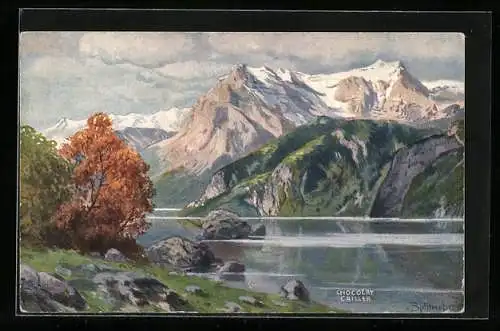 Künstler-AK August Splitgerber: Chocolat Cailler, Landschaft mit Bergen am See