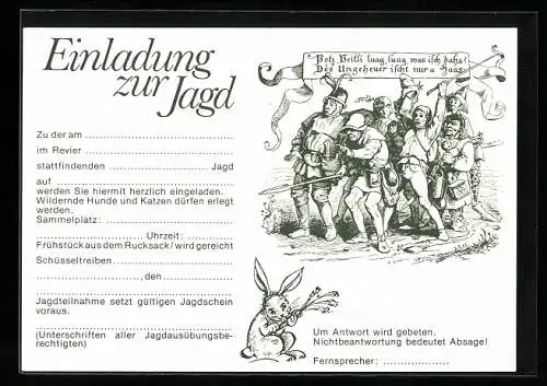 AK Jagdeinladung, Hase knabbert an einer Möhre, Reklame fpr Jagdbekleidung