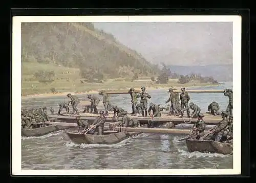 Künstler-AK sign. Alexander Pock: österreichische Pionier beim Bau einer Schiffsbrücke