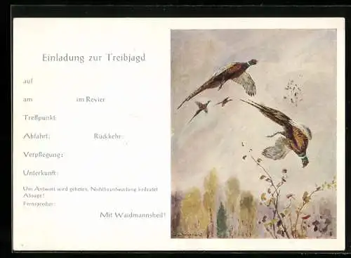 Künstler-AK Einladung zur Treibjagd, Rebhühner im Flug und Fall