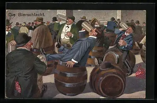 AK Die Bierschlacht, Männer mit Bierkrügen sitzen auf Fässern