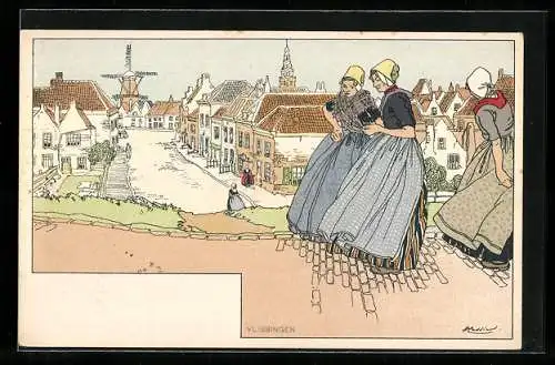 Künstler-AK Cassiers, Henri, Vlissingen, Frauen Mit Blick durch den Ort zur Kirche