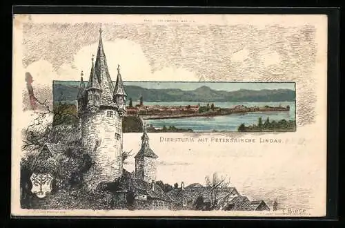 Künstler-AK C.Biese: Lindau, Totalansicht mit Bodensee, Diebsturm mit Peterskirche