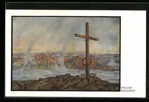 AK Gipfelkreuz mit Blick über ein Gebirge