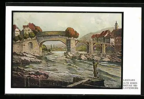 Künstler-AK Laufenburg, Alte Rheinbrücke mit Häusern