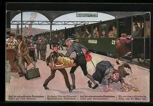 Künstler-AK Hans Boettcher: Stuttgart, Bahnhof, Schwäbische Eisenbahn, Reisende eilen zum Zug, Bursche mit Bauchladen