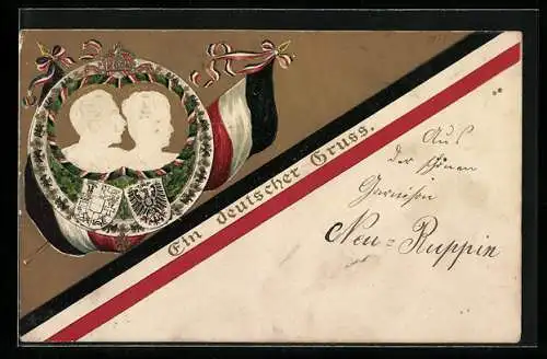 AK Köpfe des Kaiserpaars von Preussen von der Seite gesehen, altdeutsche Fahne, Wappen