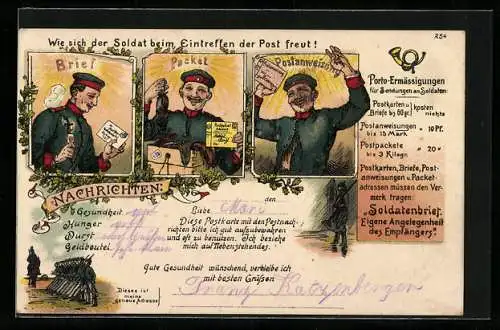 Lithographie Feldpost, Soldat freut sich über Brief, Paket und Postanweisung, Infanteristen exerzieren