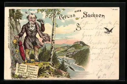 Lithographie Lilienstein /Elbe, Fritze Bliemchen geniesst die Aussicht ins Elbtal