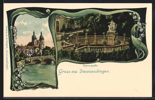 Lithographie Donaueschingen, Schützenbrücke und Donauquelle