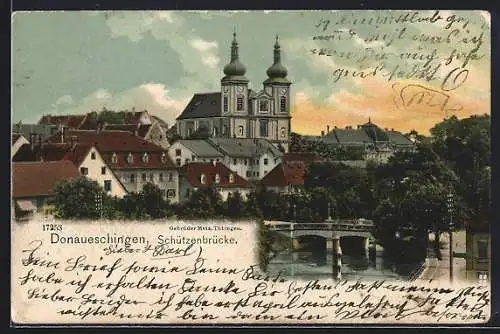 AK Donaueschingen, Schützenbrücke mit Stadtkirche