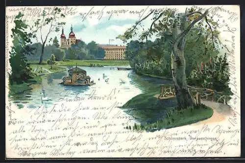 Lithographie Donaueschingen, Partie im Schlossark mit Blick zur Kirche