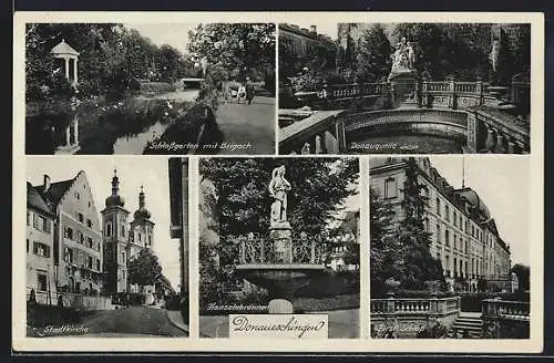 AK Donaueschingen, Schlossgarten mit Brigach, Hanselebrunnen