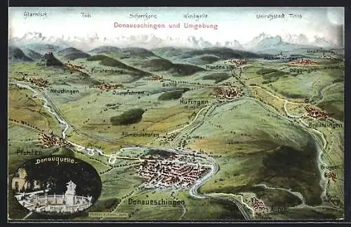 Künstler-AK Eugen Felle: Donaueschingen, Donauquelle, Panorama mit Hüfingen, Behla und Fürstenberg