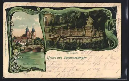 Lithographie Donaueschingen, Schützenbrücke und Donauquelle