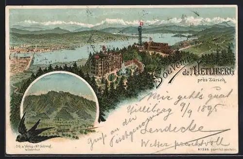 Vorläufer-Lithographie Uetliberg bei Zürich, 1895, Panorama mit Hotel, Schwalbe über Eisenbahn