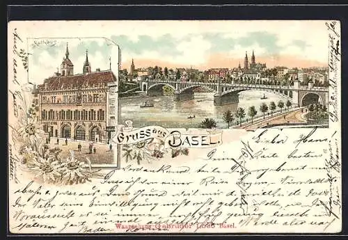 Lithographie Basel, Rathaus und Teilansicht der Stadt mit grosser Brücke und Dampfer, Edelweissblüten